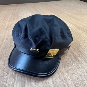 Police Costume Hat Black Cap Gold Badge Faux Leather Brim Adult